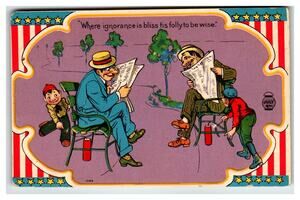 Vintage 4th of July Postcard "Ignorance is Bliss" Humorous Firecracker Scene